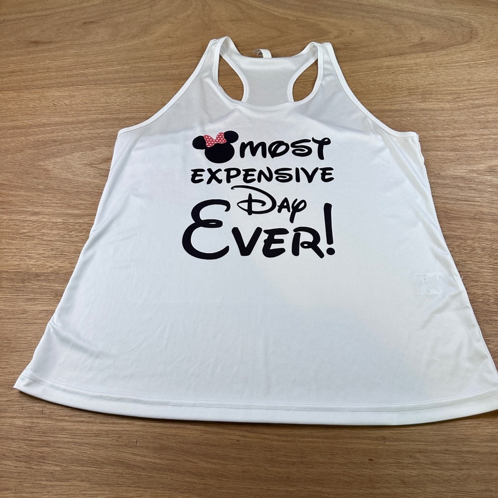 Team 365 Womens XL White Disney Inspired Most Expensive Day Ever Racerback Tank